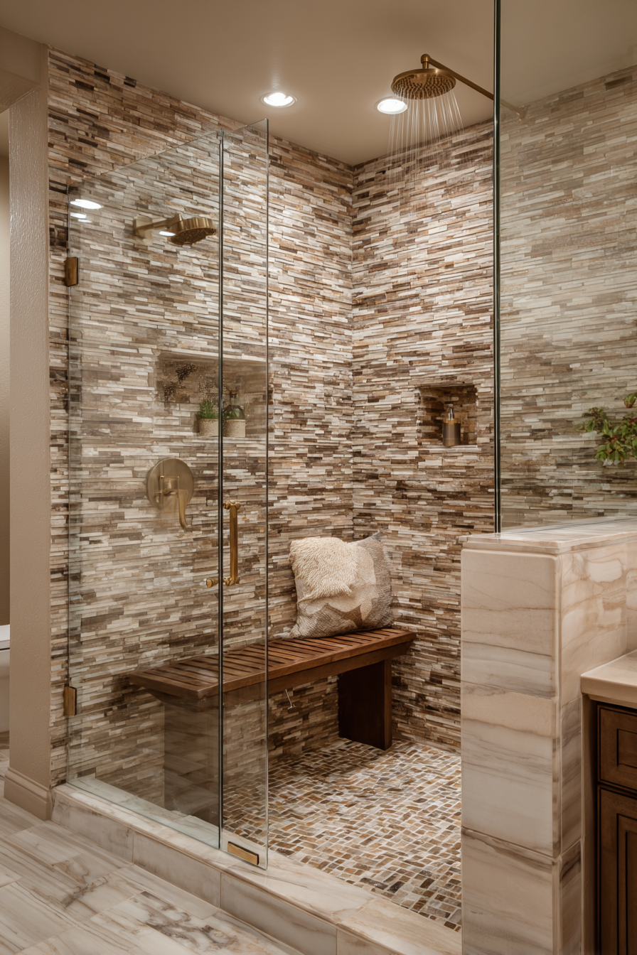 Natural Stone Shower Sanctuary with Teak Accents
