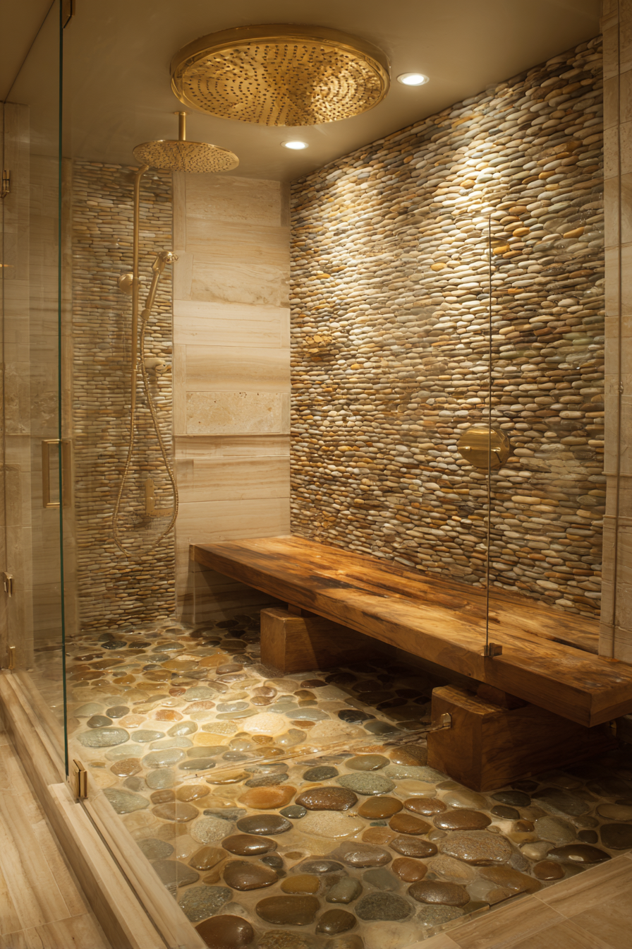 Natural Stone Shower Sanctuary with Teak Accents