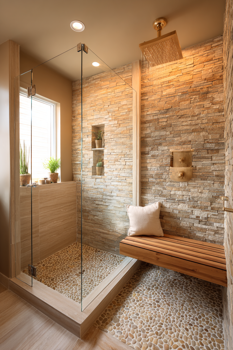 Natural Stone Shower Sanctuary with Teak Accents