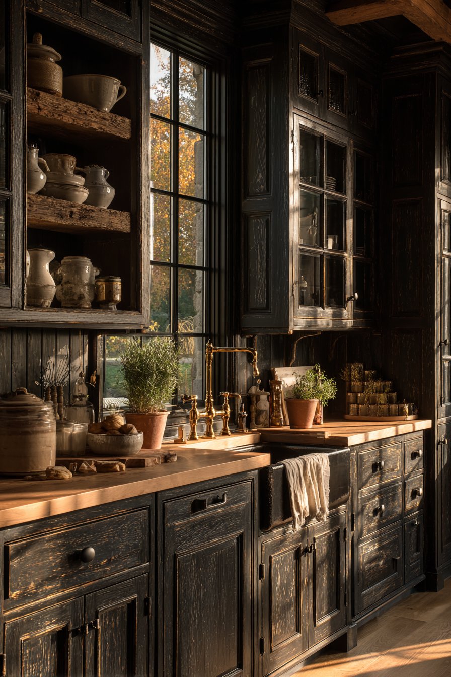 Rustic Farmhouse with Distressed Dark Brown Cabinets