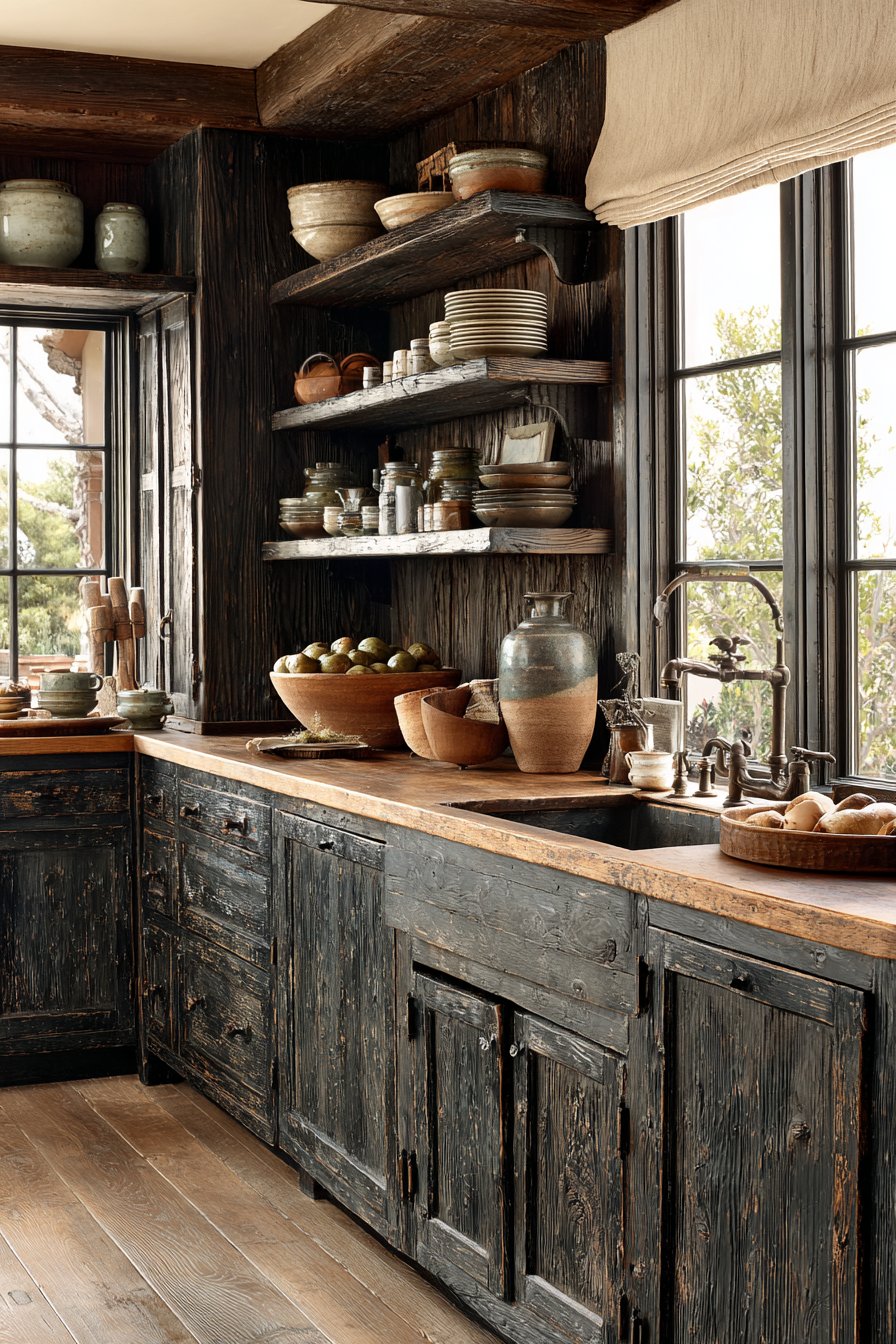 Rustic Farmhouse with Distressed Dark Brown Cabinets