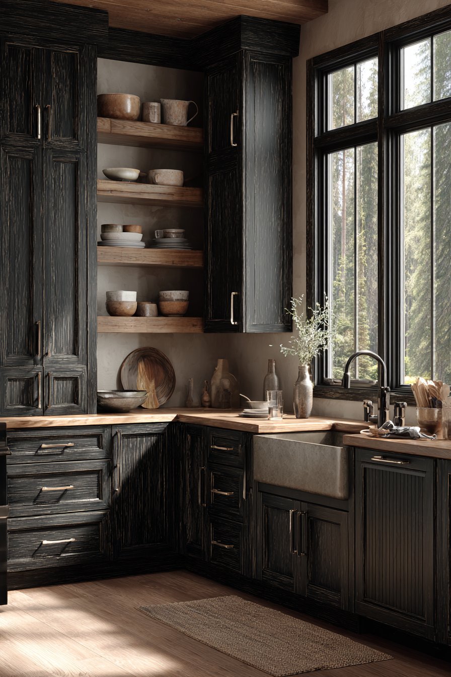 Rustic Farmhouse with Distressed Dark Brown Cabinets