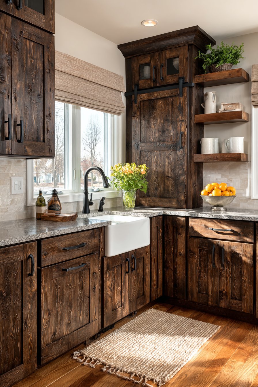 Rustic Farmhouse with Distressed Dark Brown Cabinets