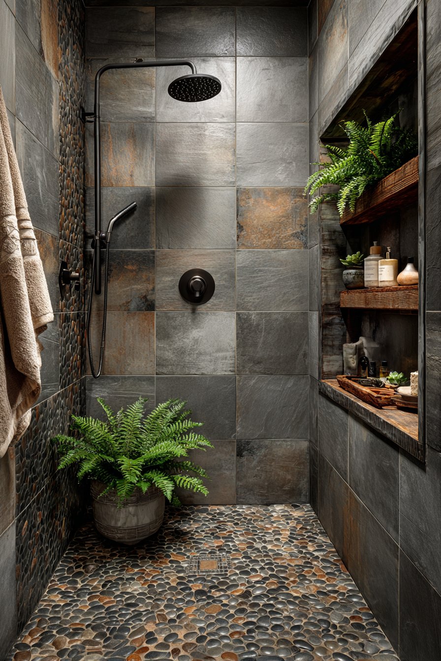 Pebble Floor Shower with Slate Walls