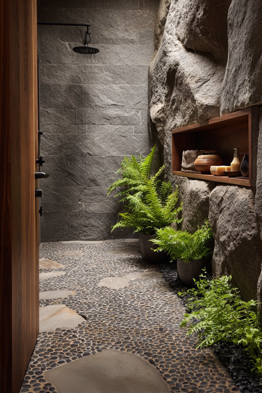 Pebble Floor Shower with Slate Walls