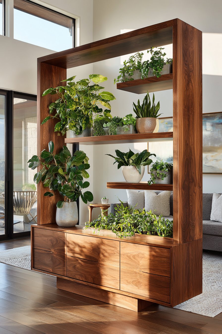 Mid-Century Modern Credenza with Integrated Planters: Low-Profile Natural Division