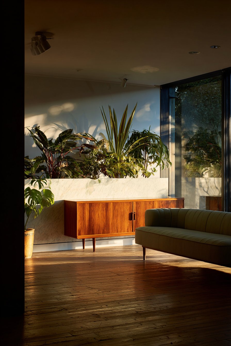 Mid-Century Modern Credenza with Integrated Planters: Low-Profile Natural Division