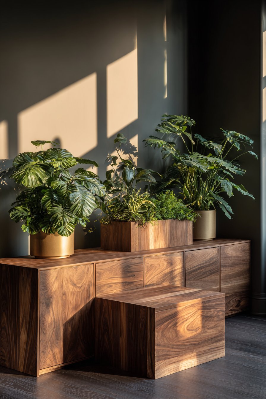 Mid-Century Modern Credenza with Integrated Planters: Low-Profile Natural Division