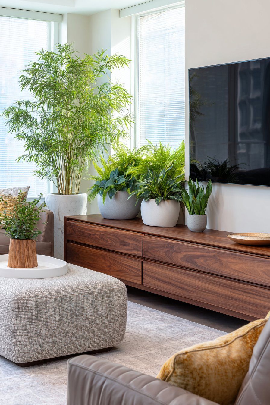 Mid-Century Modern Credenza with Integrated Planters: Low-Profile Natural Division