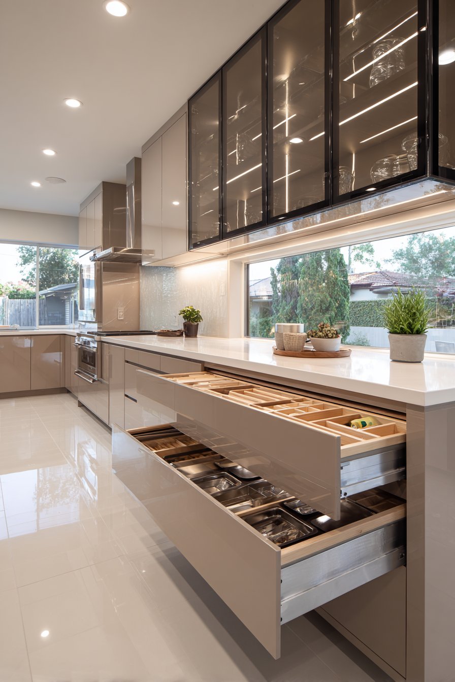 Minimalist Taupe with Aluminum Frame Glass Sections