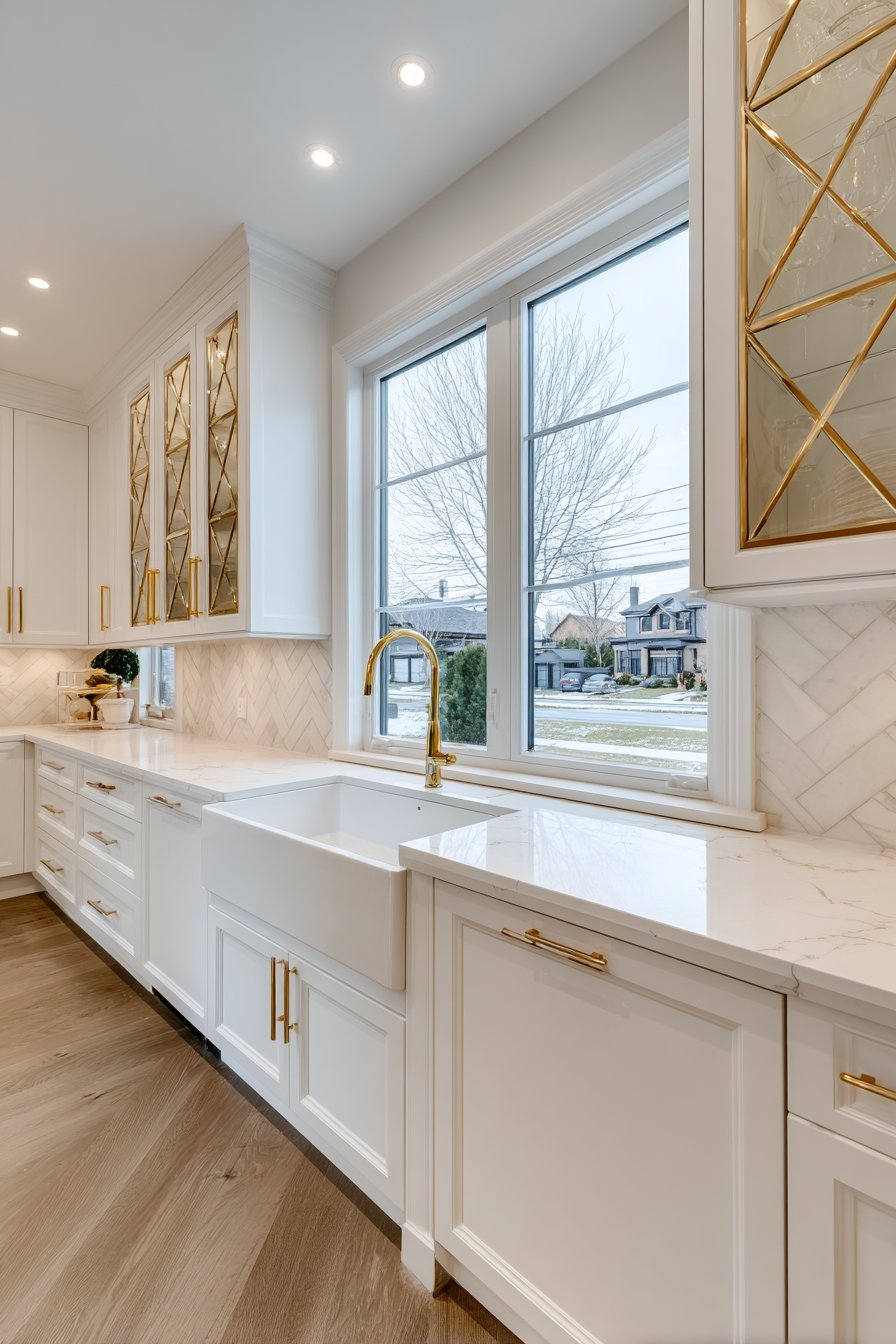 Floor-to-Ceiling Cabinetry with Gold-Framed Glass Inserts