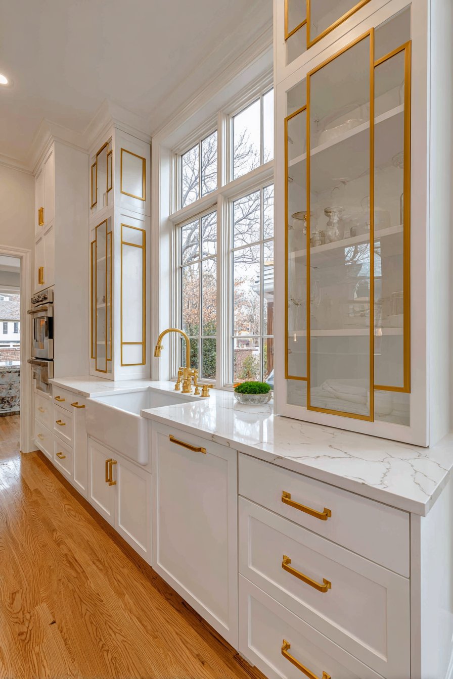 Floor-to-Ceiling Cabinetry with Gold-Framed Glass Inserts