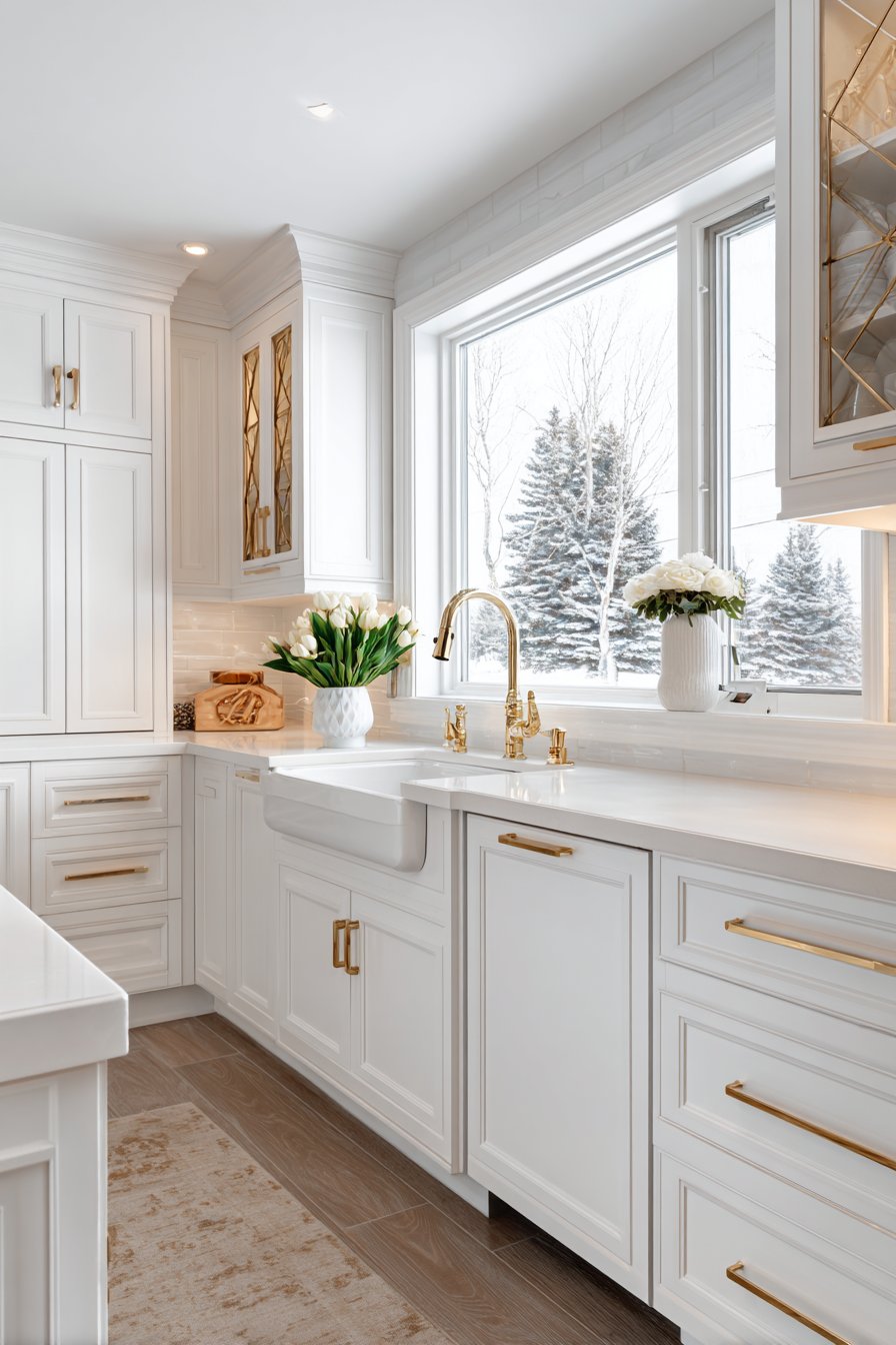 Floor-to-Ceiling Cabinetry with Gold-Framed Glass Inserts