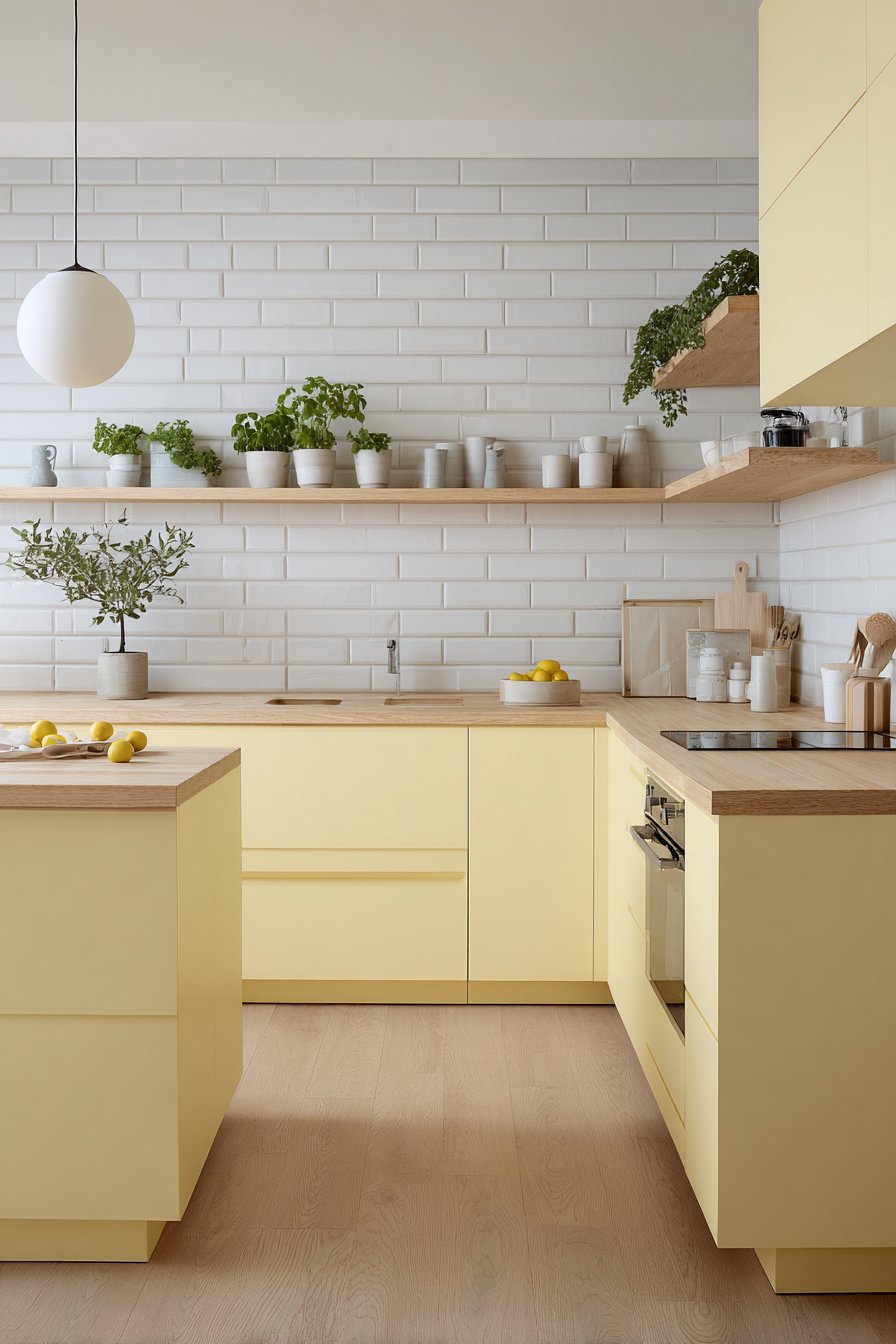 Scandinavian-Inspired Kitchen with Pale Lemon Yellow Cabinets