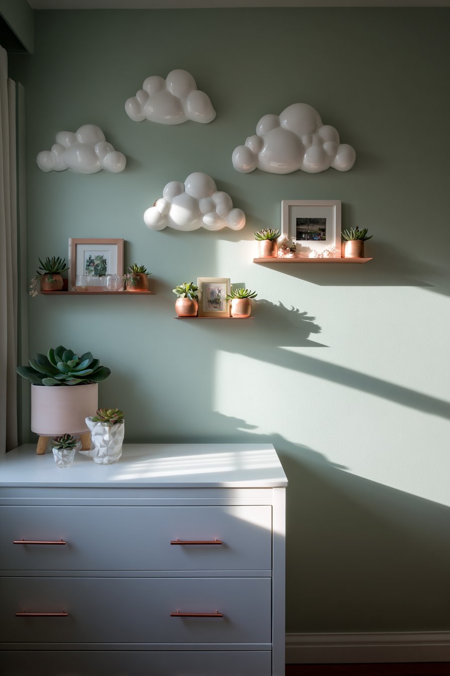 Whimsical Cloud Shelving on Mint Green Accent Wall