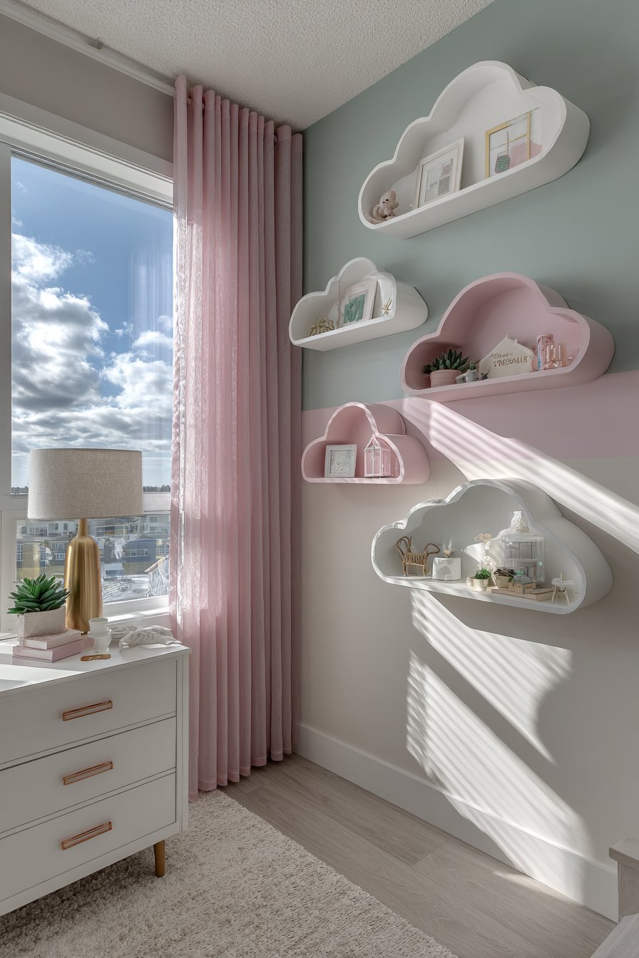 Whimsical Cloud Shelving on Mint Green Accent Wall