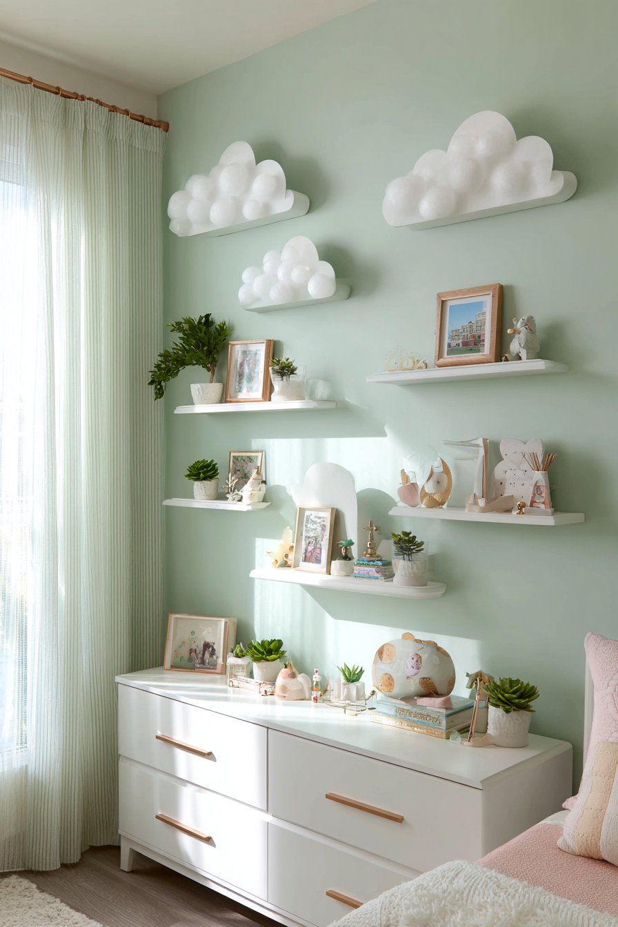 Whimsical Cloud Shelving on Mint Green Accent Wall