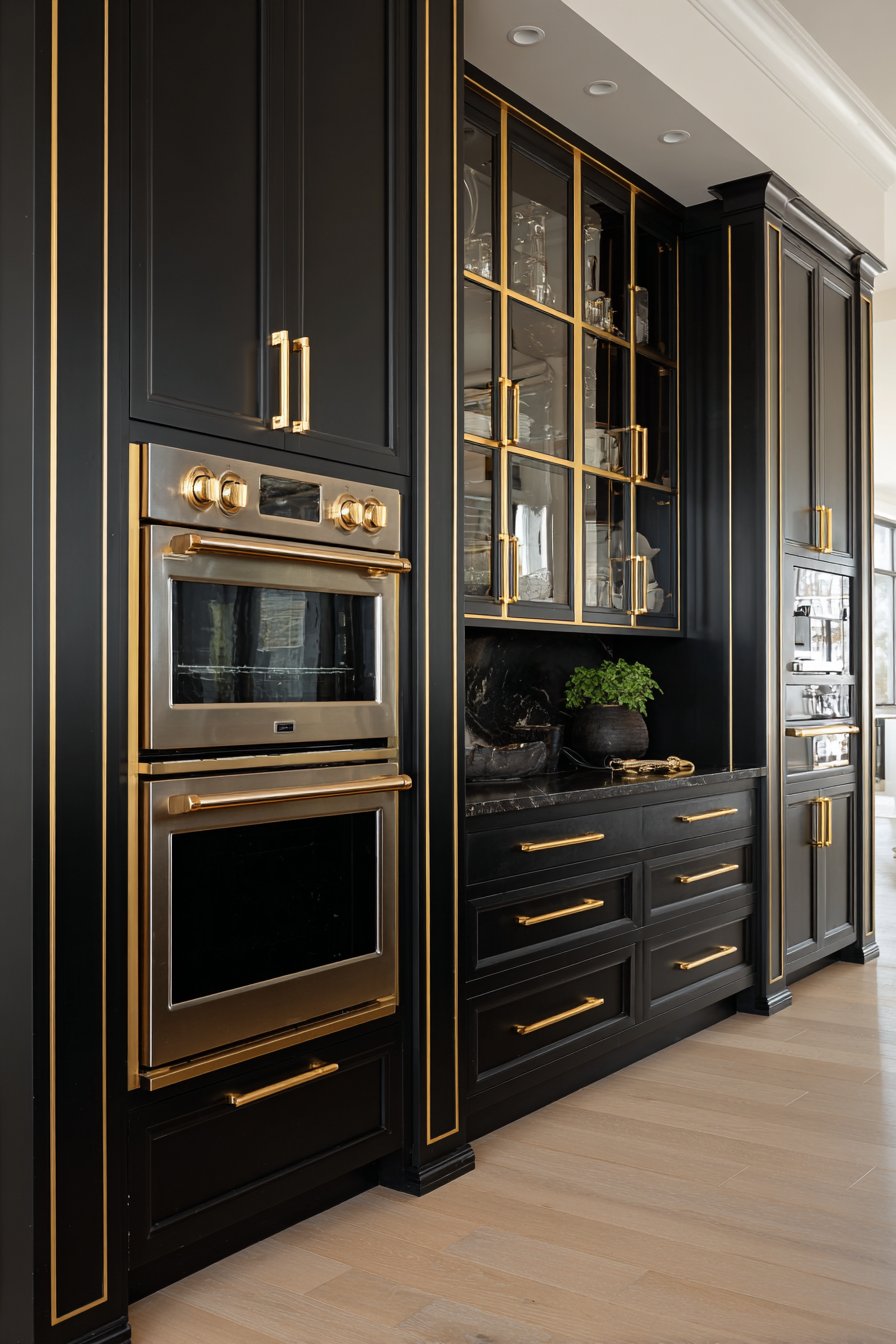 Floor-to-Ceiling Black Cabinetry with Integrated Gold Storage Solutions