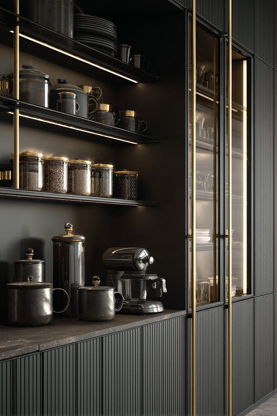 Floor-to-Ceiling Black Cabinetry with Integrated Gold Storage Solutions