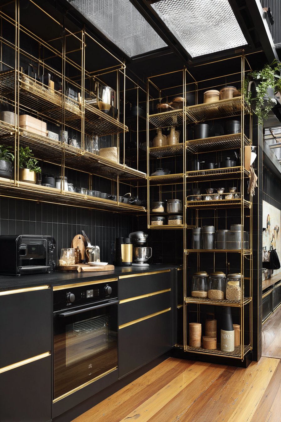 Floor-to-Ceiling Black Cabinetry with Integrated Gold Storage Solutions