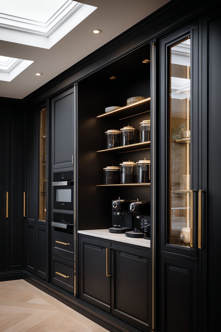 Floor-to-Ceiling Black Cabinetry with Integrated Gold Storage Solutions