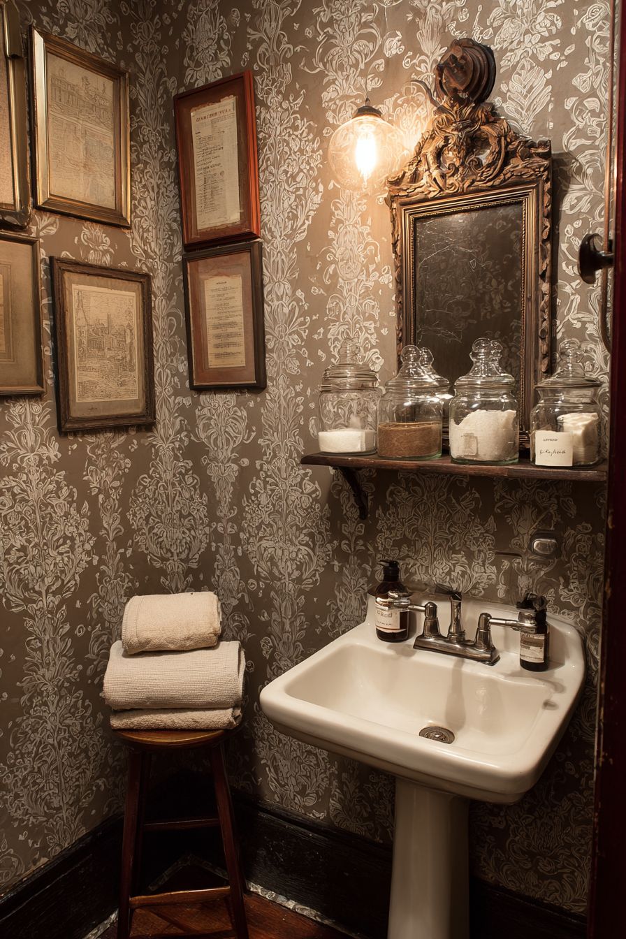 Vintage Pedestal Sink with Damask Wallpaper