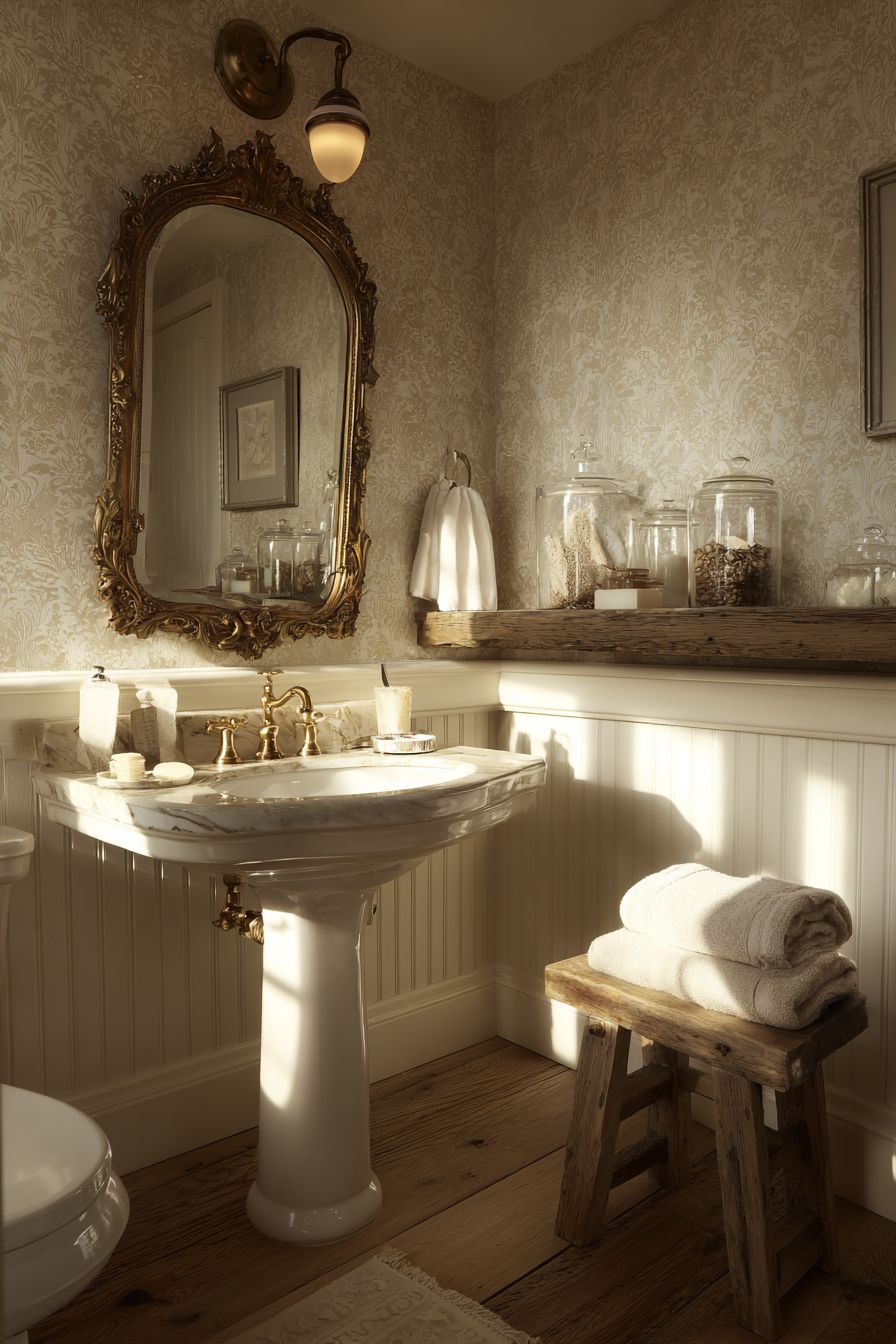 Vintage Pedestal Sink with Damask Wallpaper