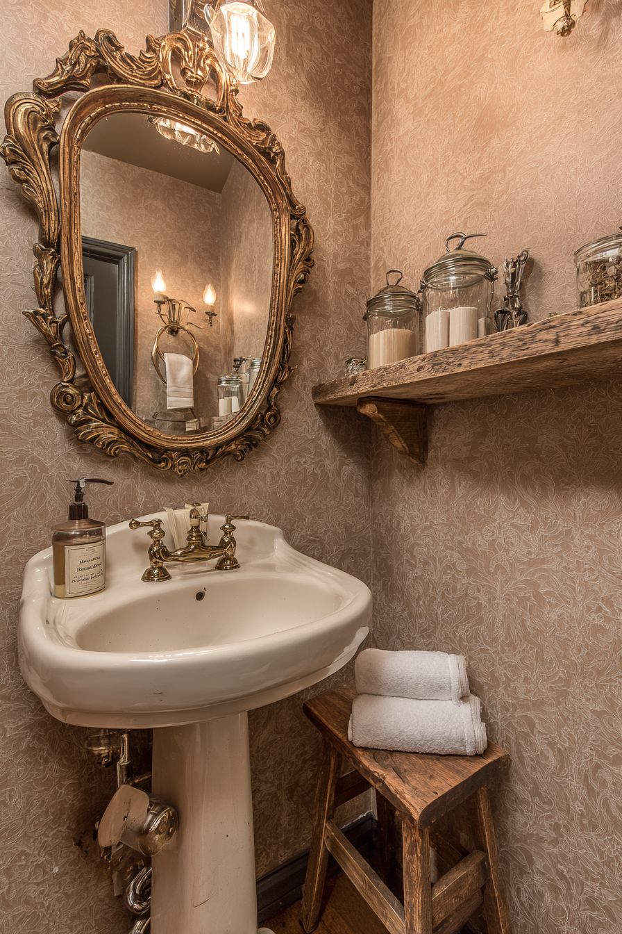 Vintage Pedestal Sink with Damask Wallpaper