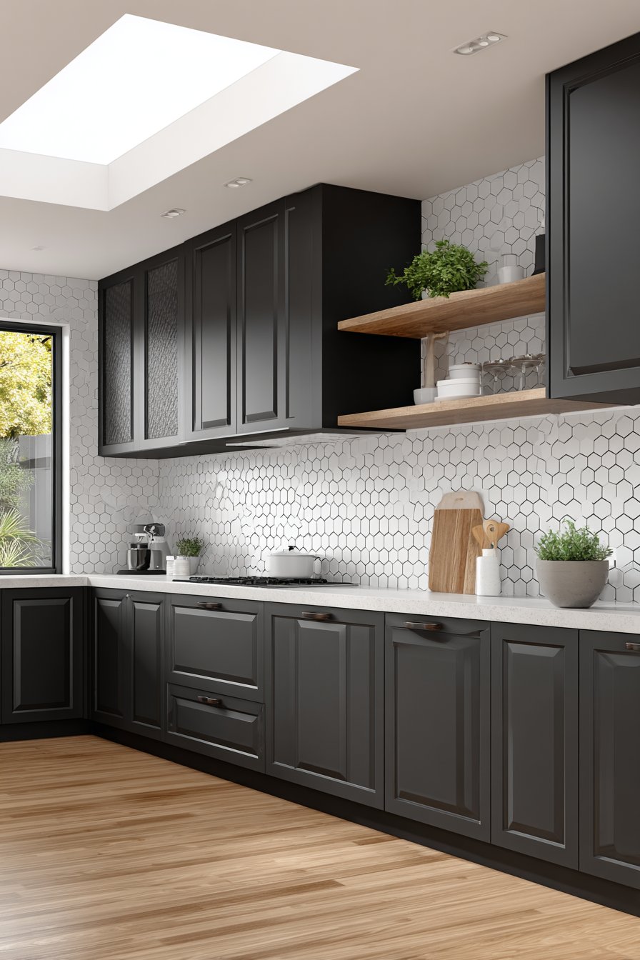 Scandinavian Balance with Matte Black Lower Cabinets