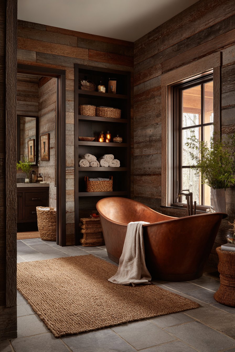 Weathered Wood Planks with Copper Freestanding Tub