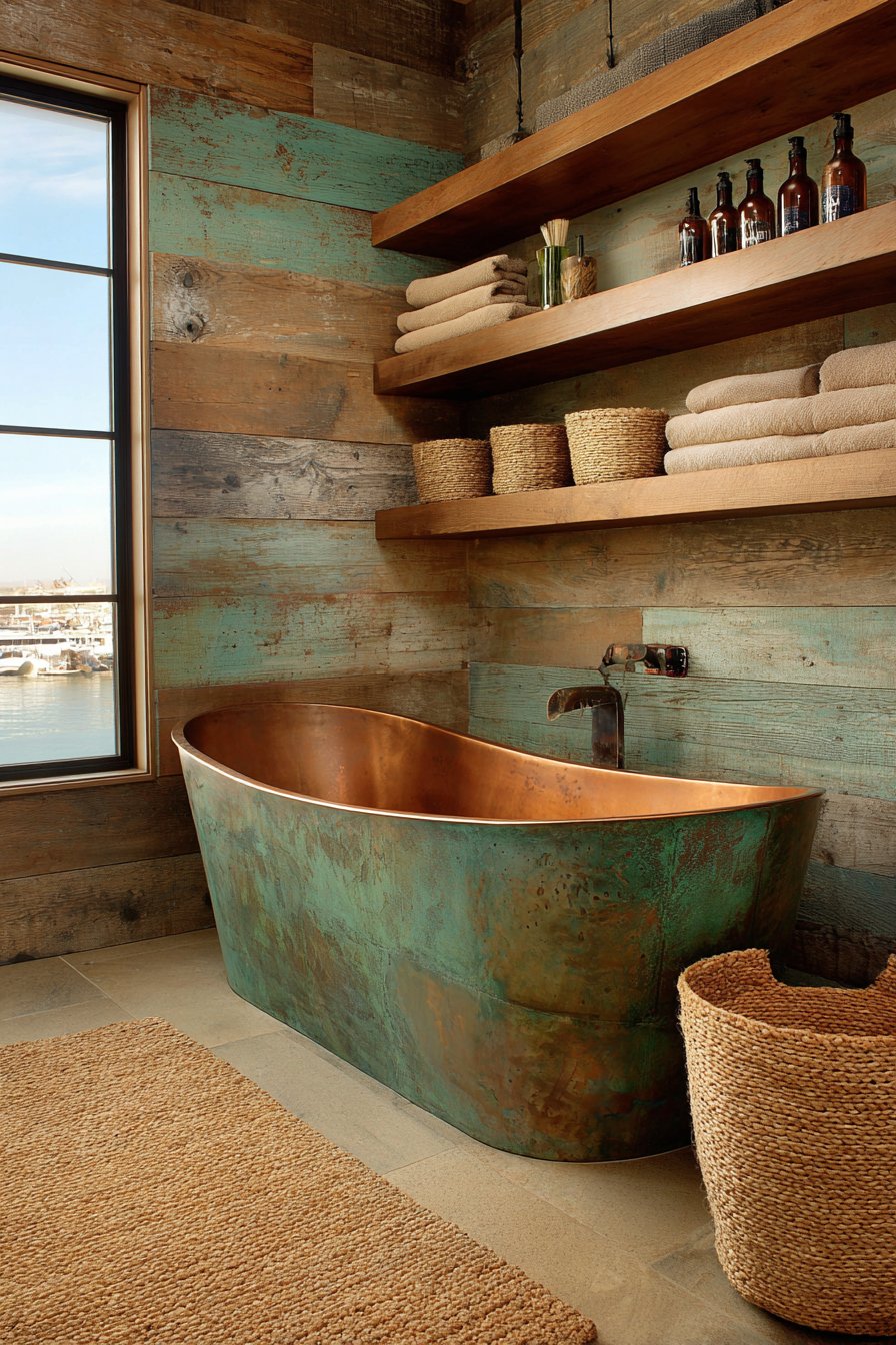 Weathered Wood Planks with Copper Freestanding Tub