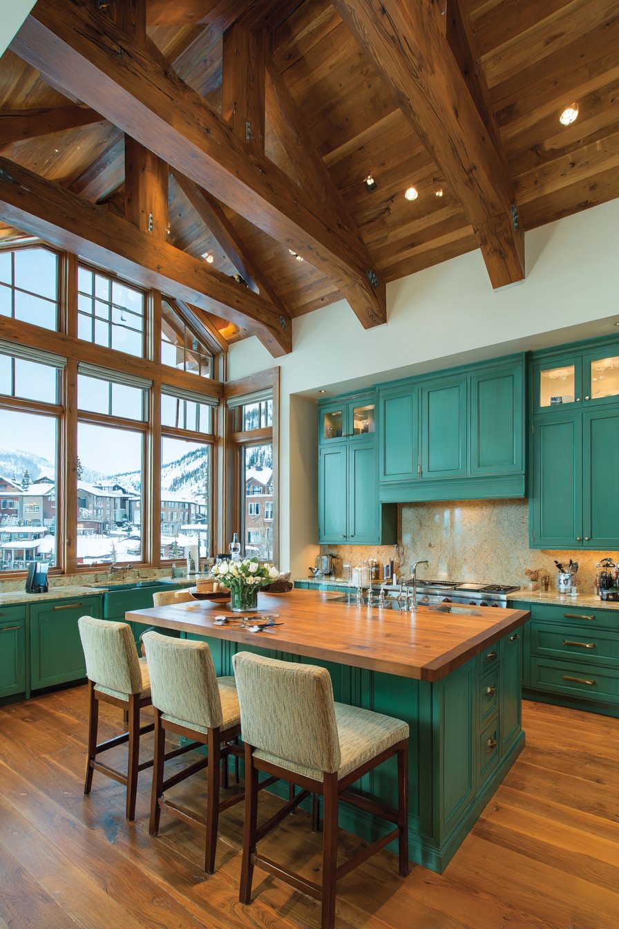 Hunter Green Farmhouse with Bronze and Beam Accents