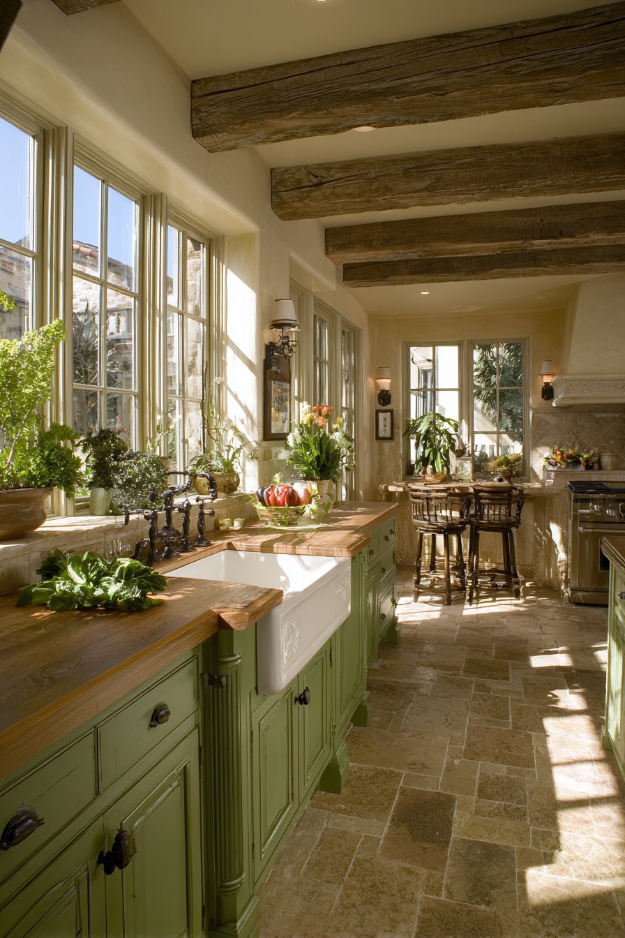 Hunter Green Farmhouse with Bronze and Beam Accents