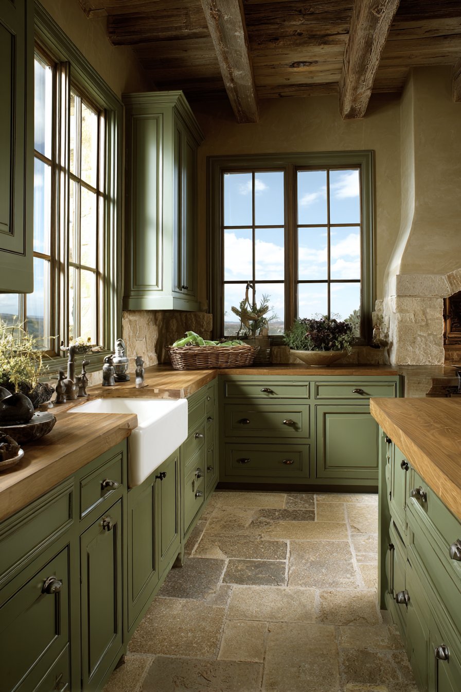 Hunter Green Farmhouse with Bronze and Beam Accents