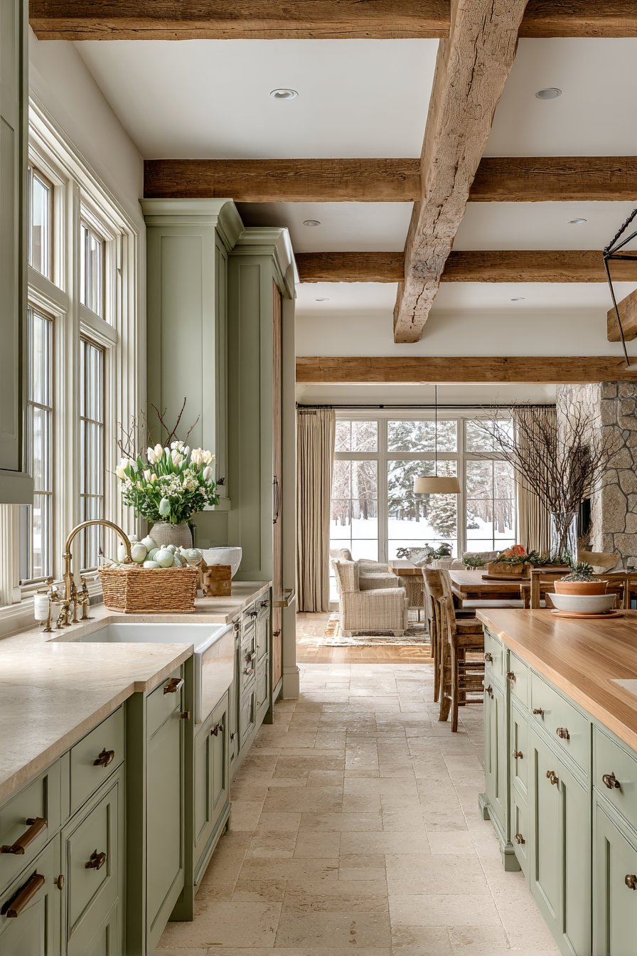 Hunter Green Farmhouse with Bronze and Beam Accents