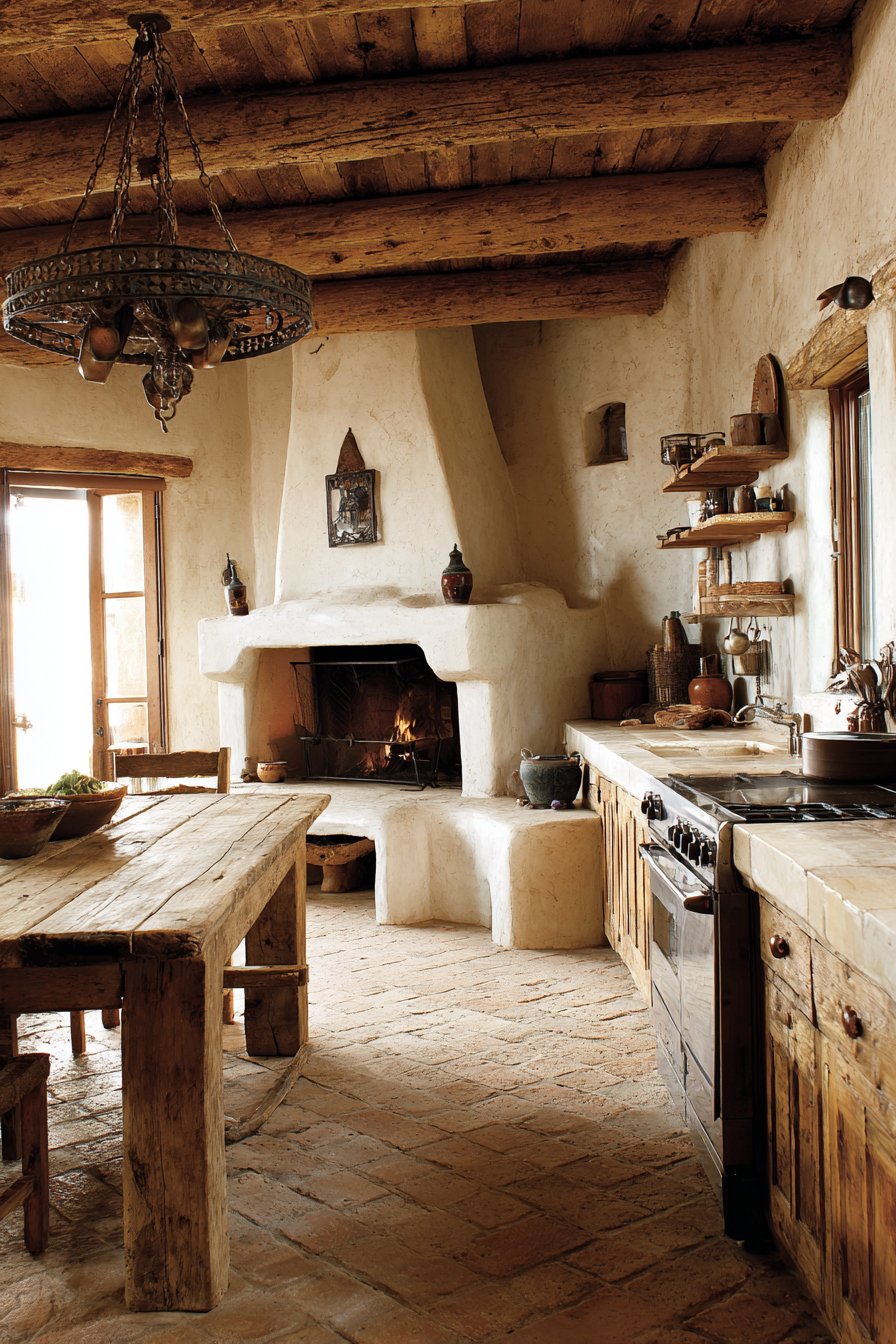 Adobe-Style Fireplace Kitchen with Wrought Iron Accents
