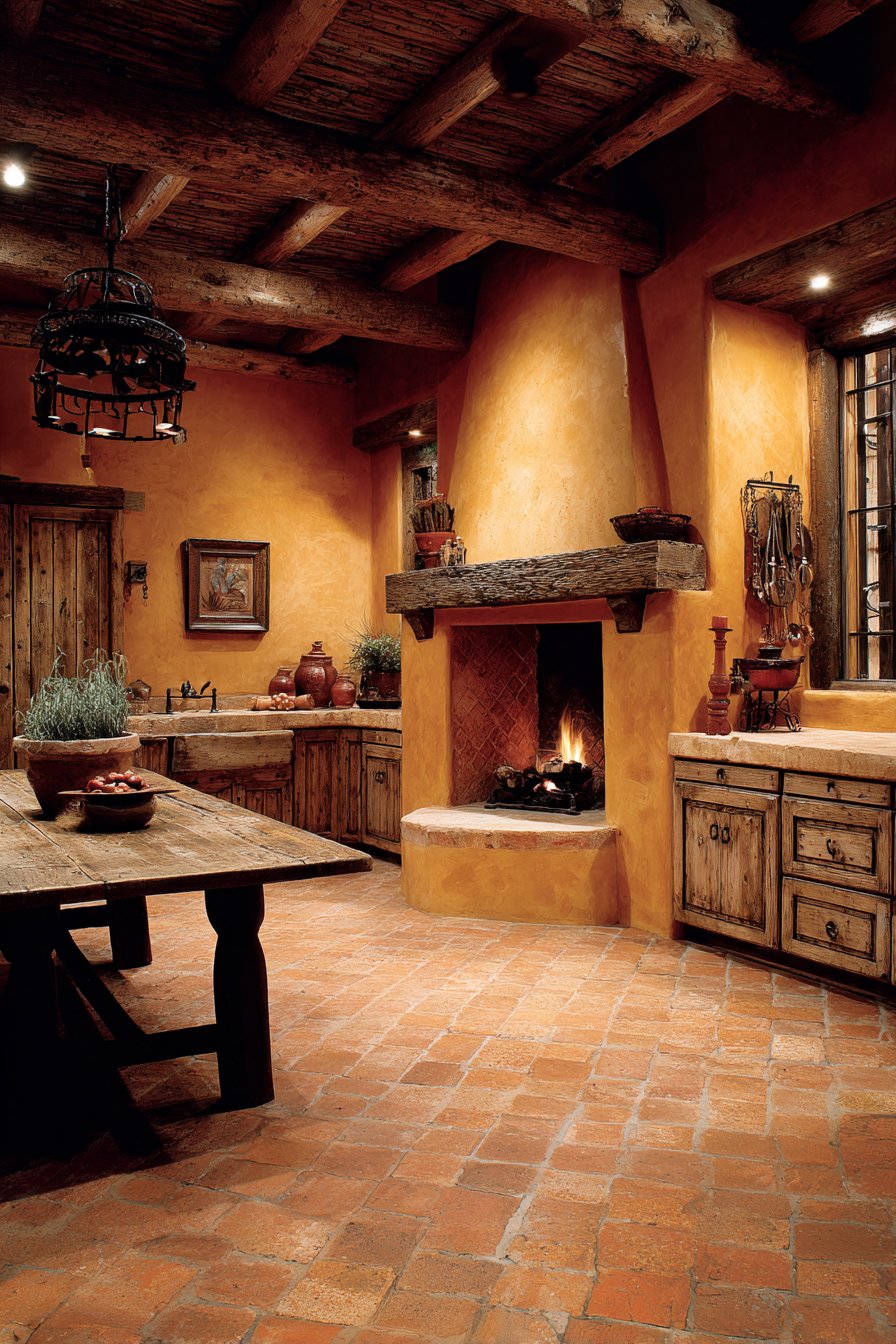 Adobe-Style Fireplace Kitchen with Wrought Iron Accents