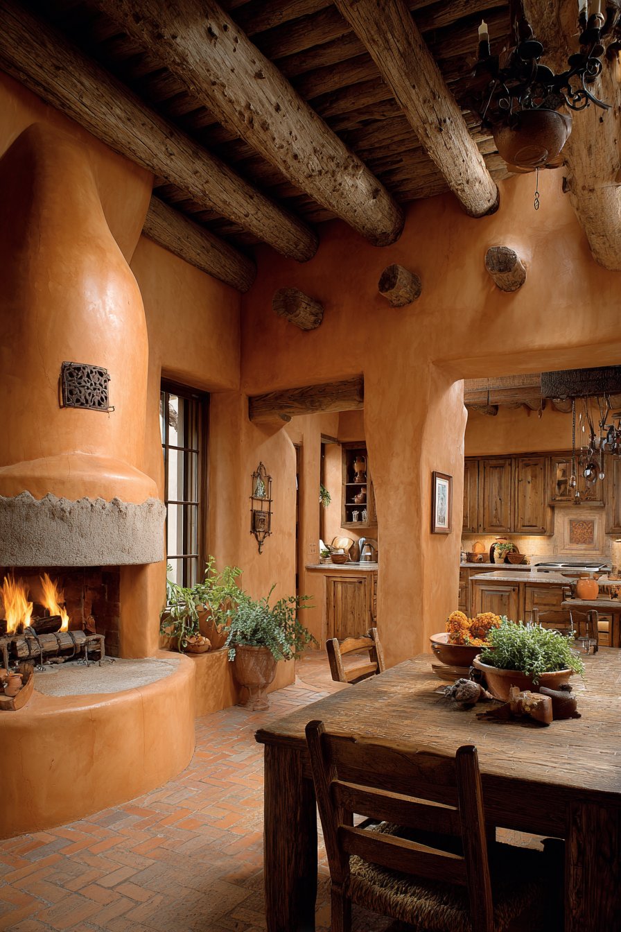 Adobe-Style Fireplace Kitchen with Wrought Iron Accents