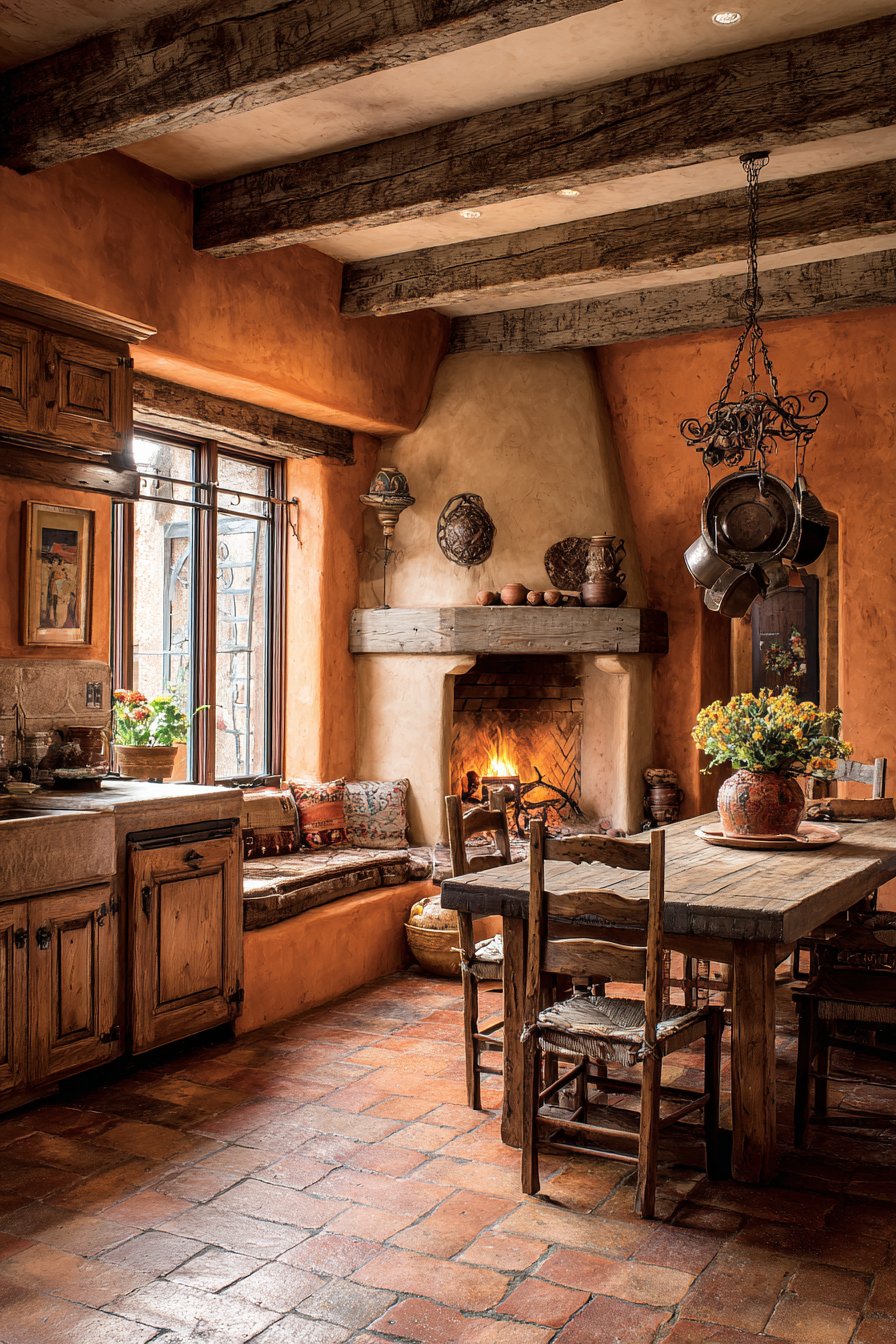 Adobe-Style Fireplace Kitchen with Wrought Iron Accents