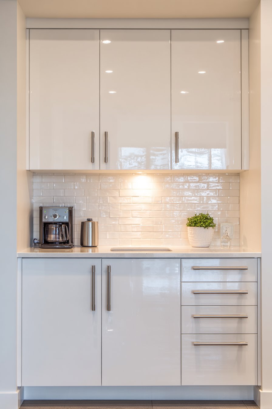 High-Gloss White with Coffee Station Integration