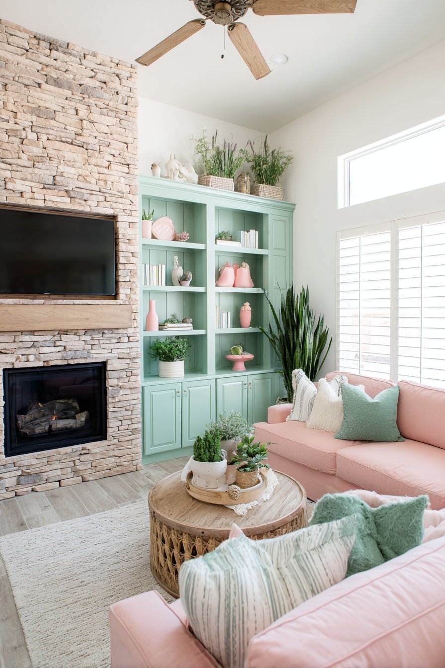 Mint Green Built-Ins with Contemporary Coral Accents