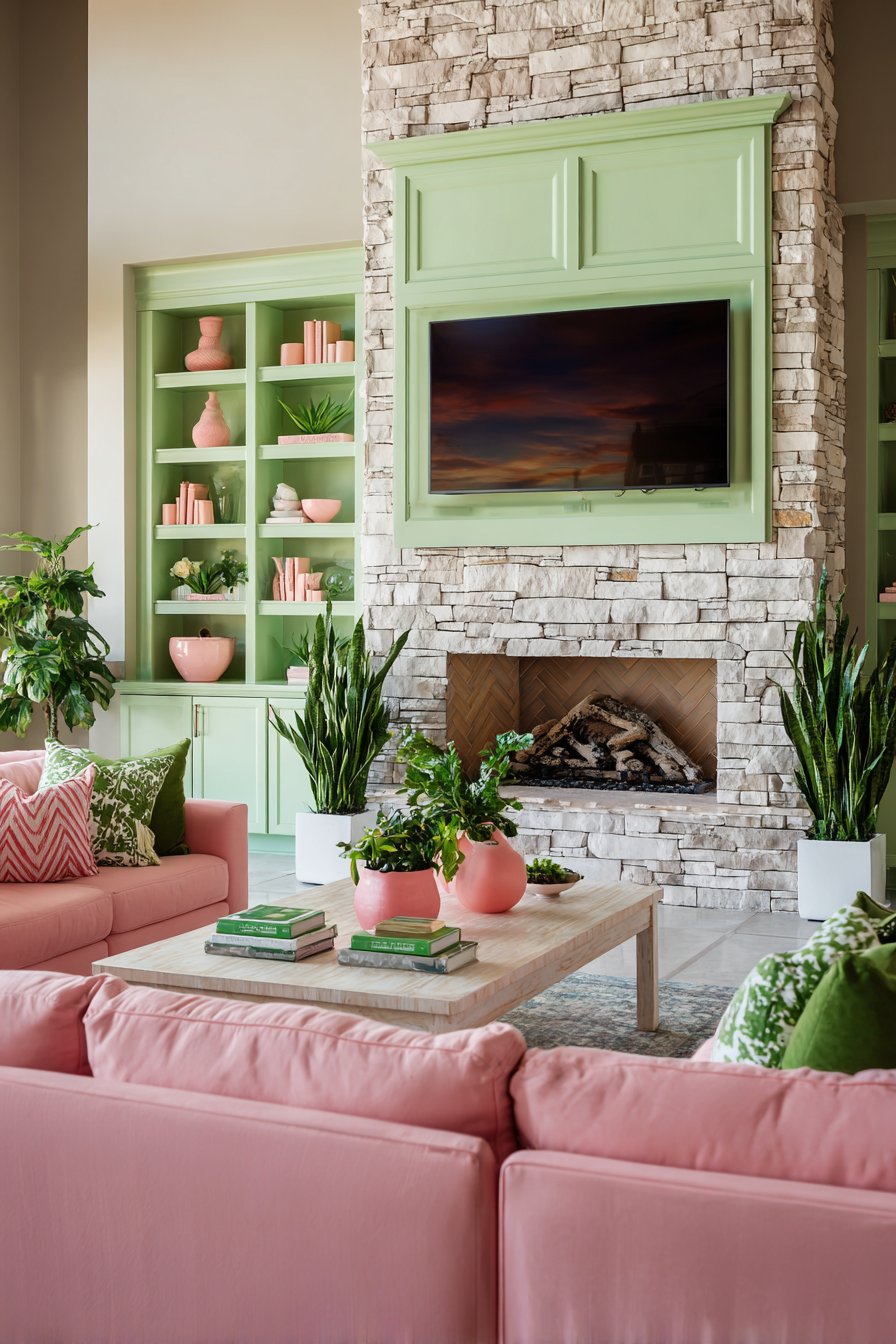 Mint Green Built-Ins with Contemporary Coral Accents