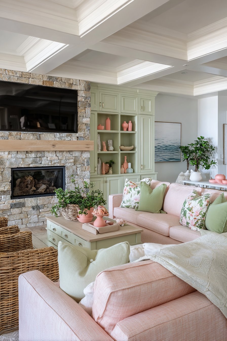 Mint Green Built-Ins with Contemporary Coral Accents