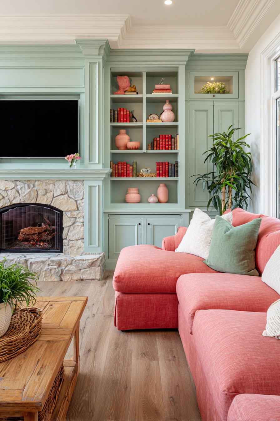 Mint Green Built-Ins with Contemporary Coral Accents