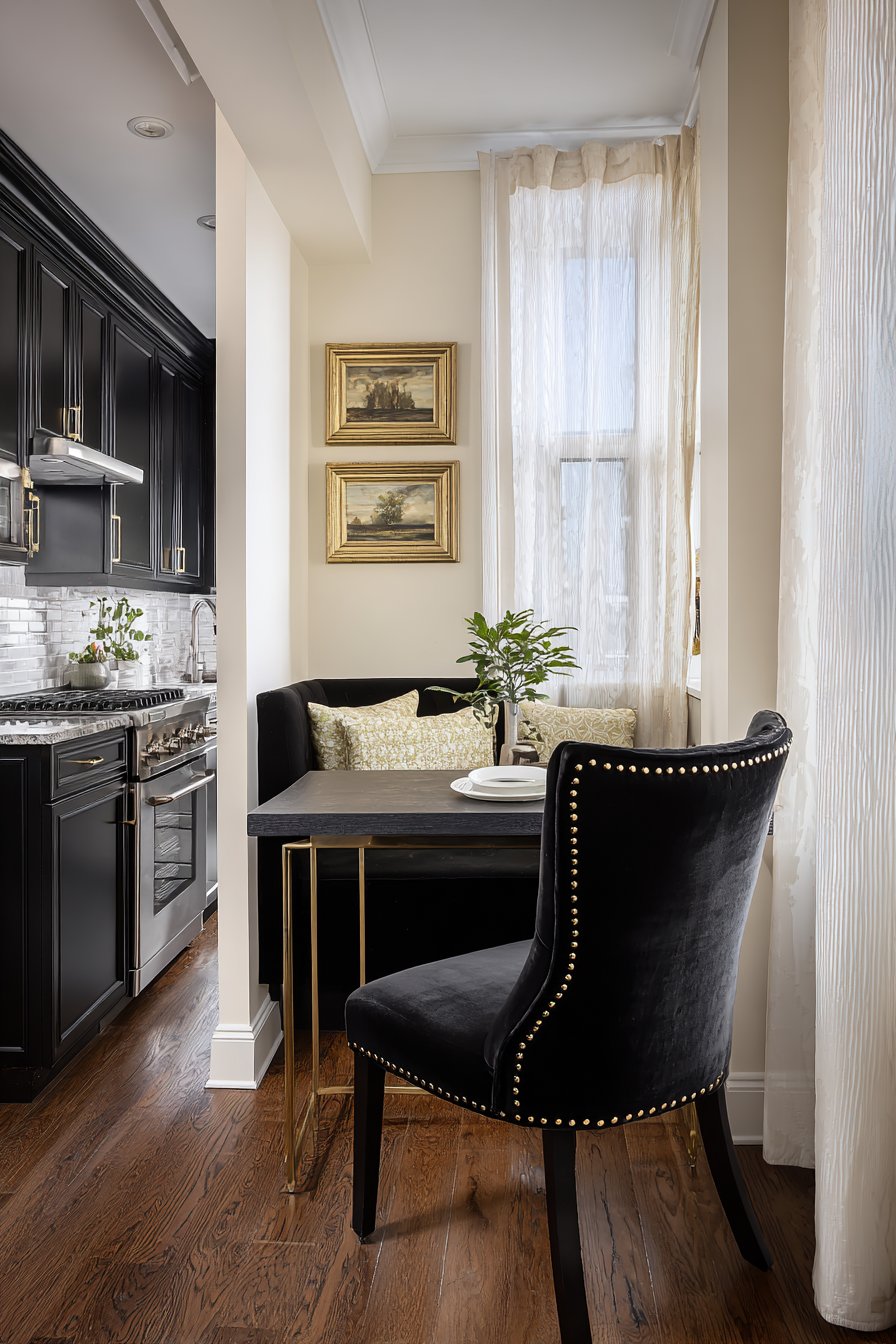 Integrated Breakfast Nook with Black Velvet and Gold Accents