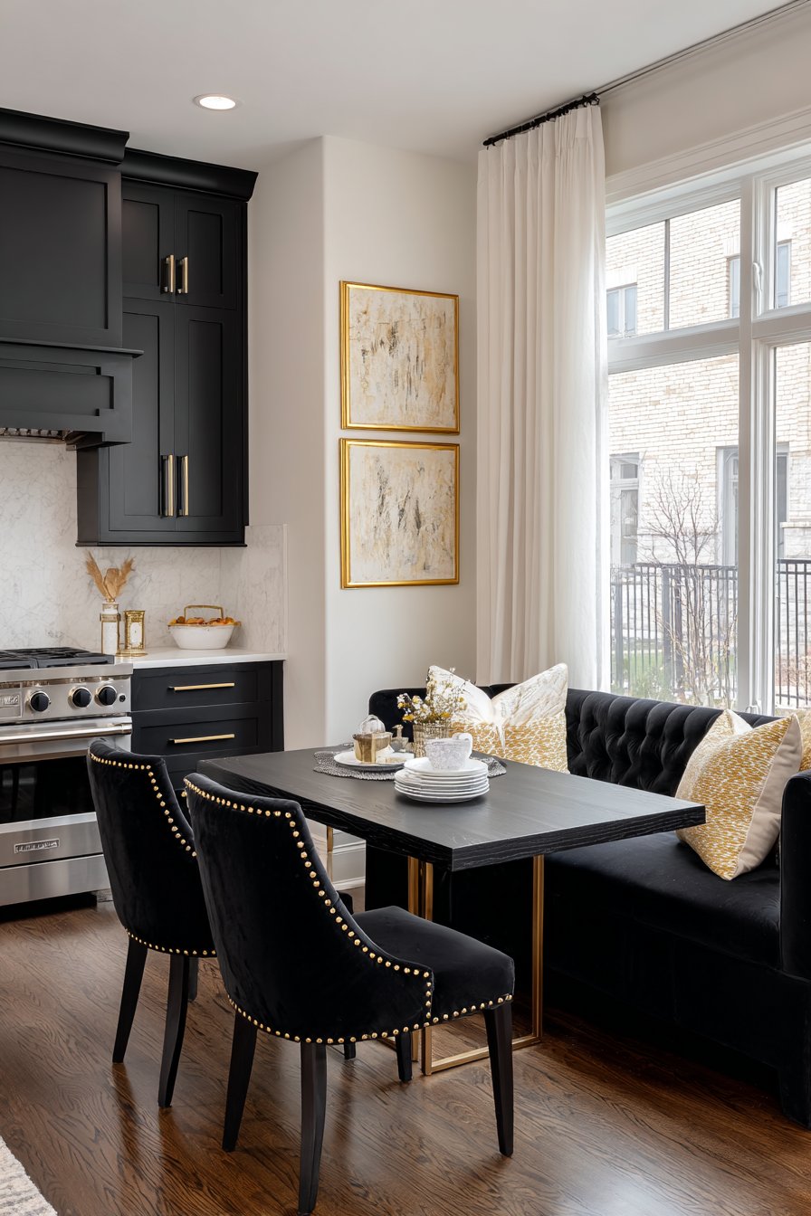 Integrated Breakfast Nook with Black Velvet and Gold Accents
