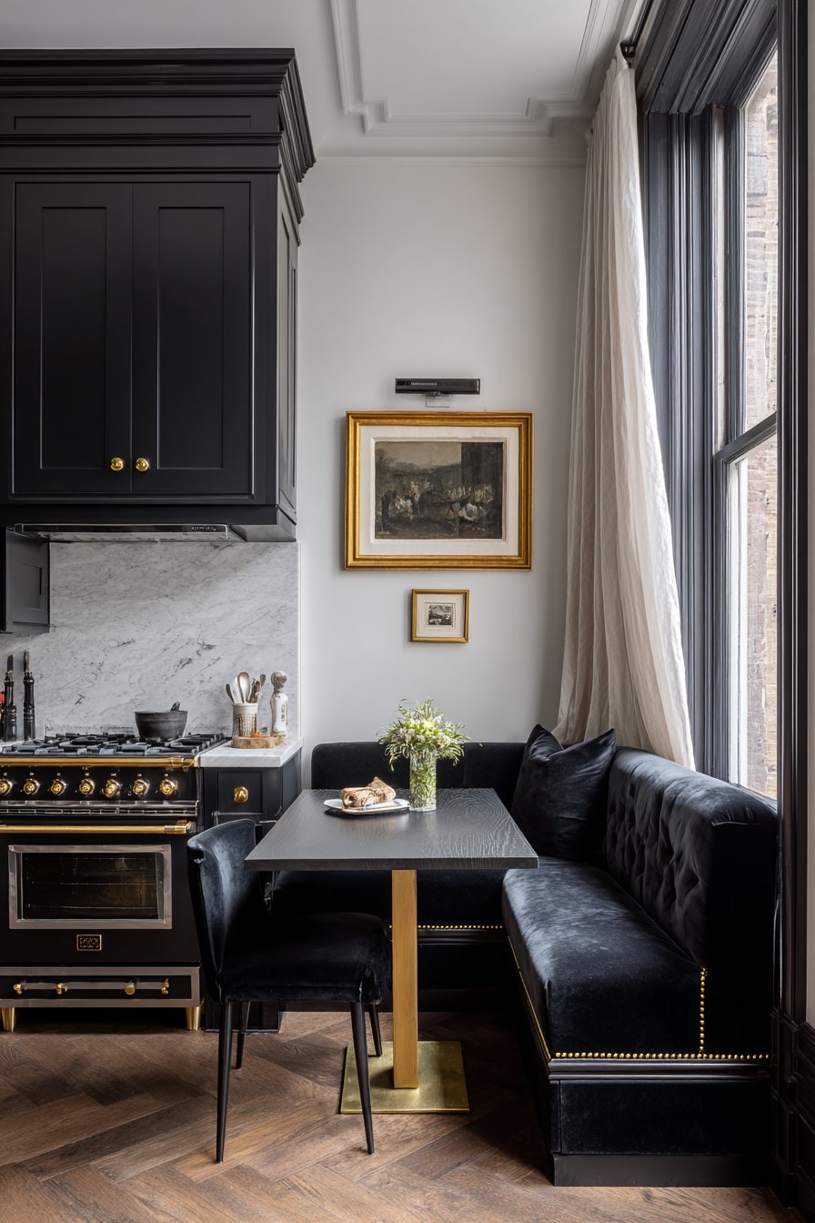 Integrated Breakfast Nook with Black Velvet and Gold Accents