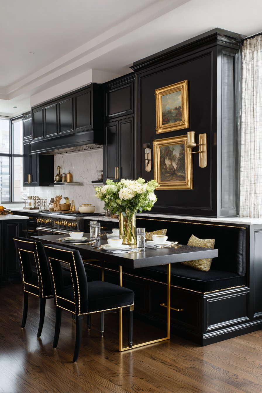 Integrated Breakfast Nook with Black Velvet and Gold Accents