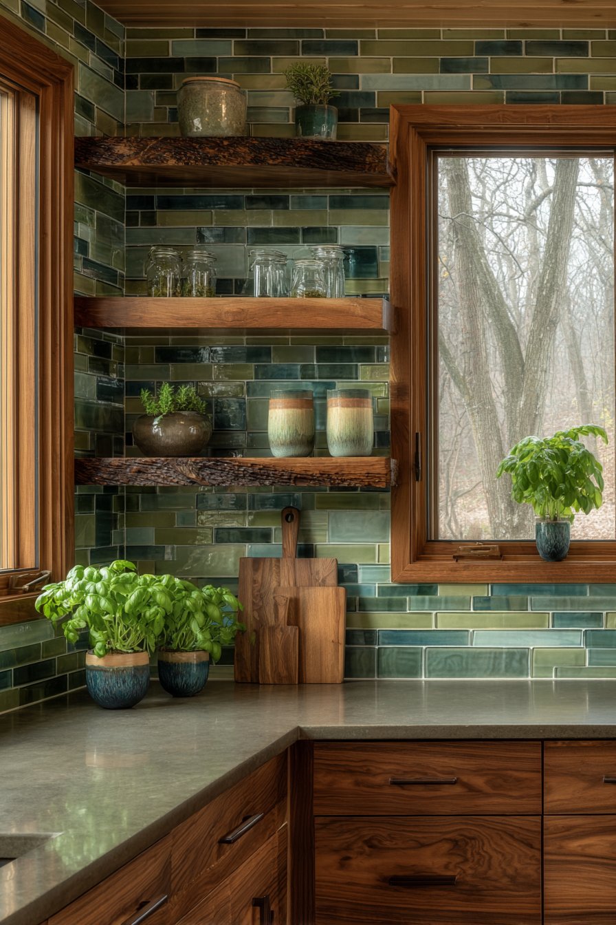 Emerald Green and Walnut Open Shelving Display