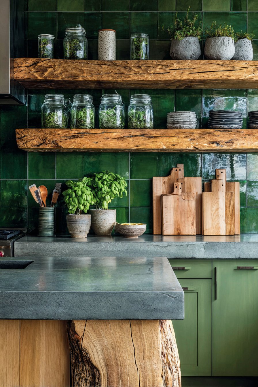 Emerald Green and Walnut Open Shelving Display